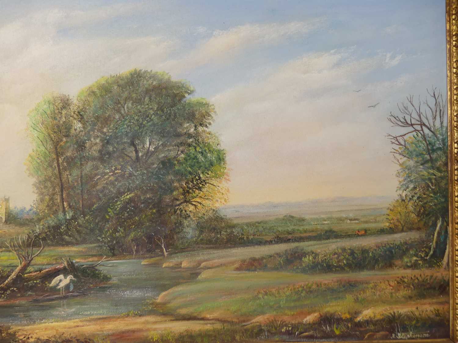 Len Stephenson - Extensive river landscape scene, oil on canvas, signed lower right, 45x60cm - Image 2 of 3