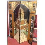 A decorative black lacquered polychrome painted and gilt decorated four-fold screen, decorated