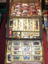Three boxes containing modern issue diecast to include Matchbox Models of Yesteryear, Lledo Days