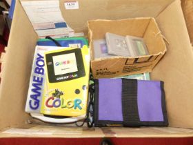 A Nintendo 1998 Gameboy Colour, together with a Nintendo 2000 Gameboy Advance, and some other