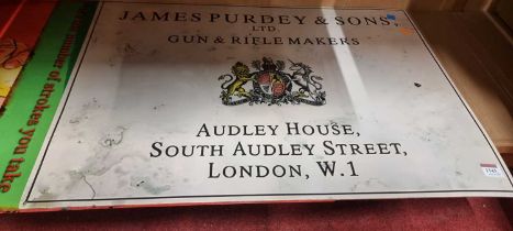 Four printed tin signs, to include James Purdey & Sons and three humorous examples, each 50 x 70cm