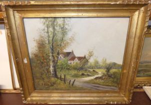 L Lebrun - Stone house on a country lane, oil on canvas, signed lower left, 45x53cm