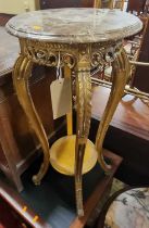 *A French Louis XVI style gilt wood and variegated marble top circular two tier urn stand, raised on