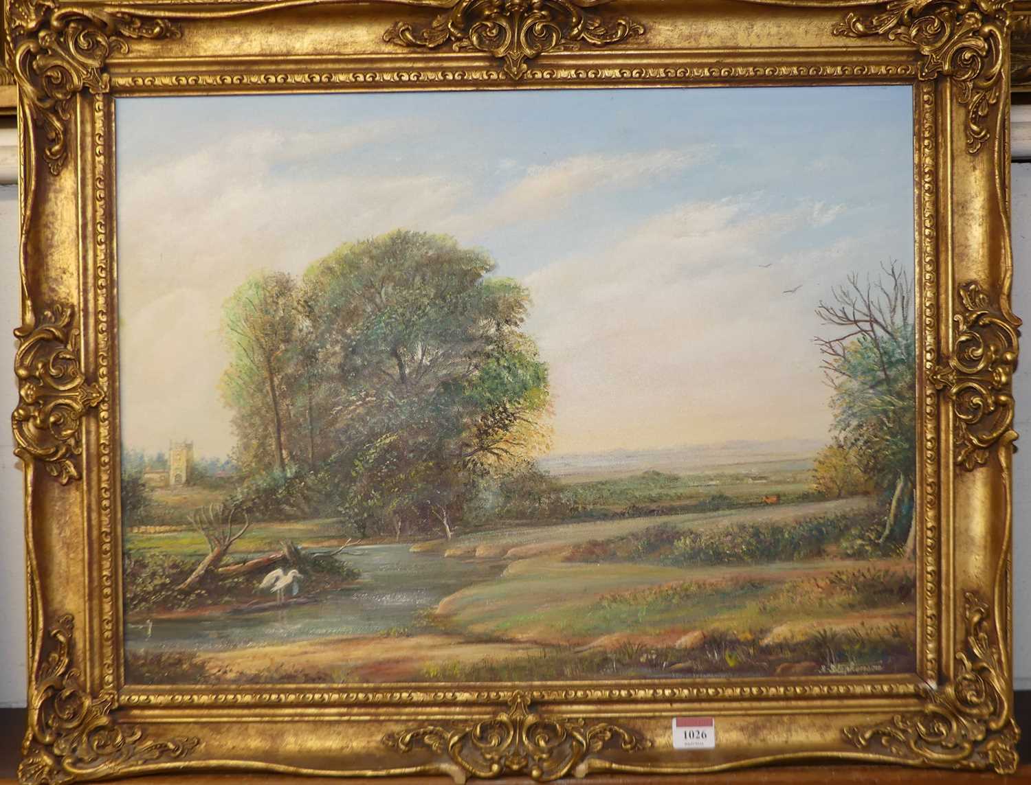 Len Stephenson - Extensive river landscape scene, oil on canvas, signed lower right, 45x60cm