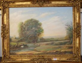 Len Stephenson - Extensive river landscape scene, oil on canvas, signed lower right, 45x60cm