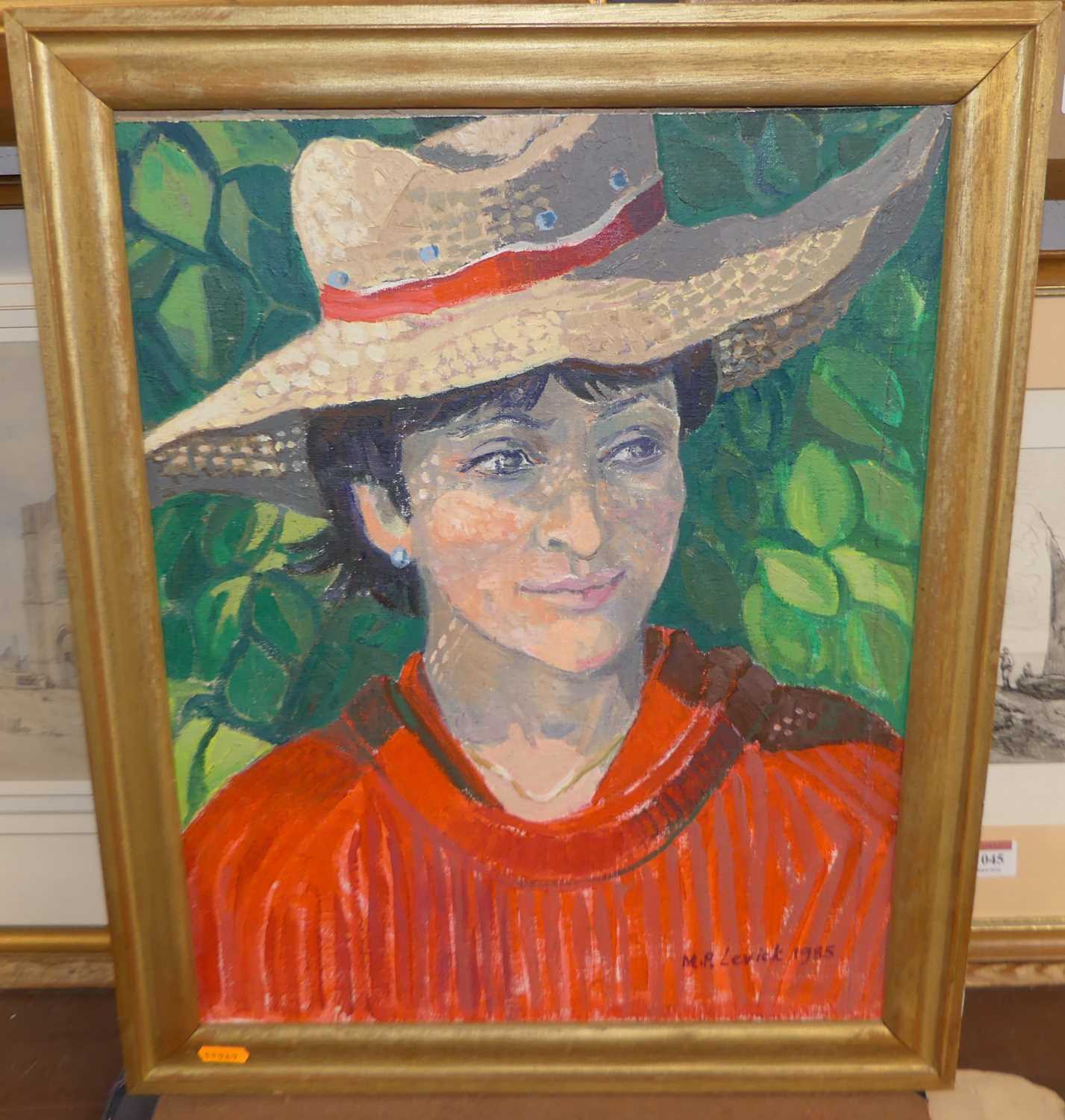 M Levick - Portrait of a young woman wearing a straw boater, acrylic, signed and dated lower right