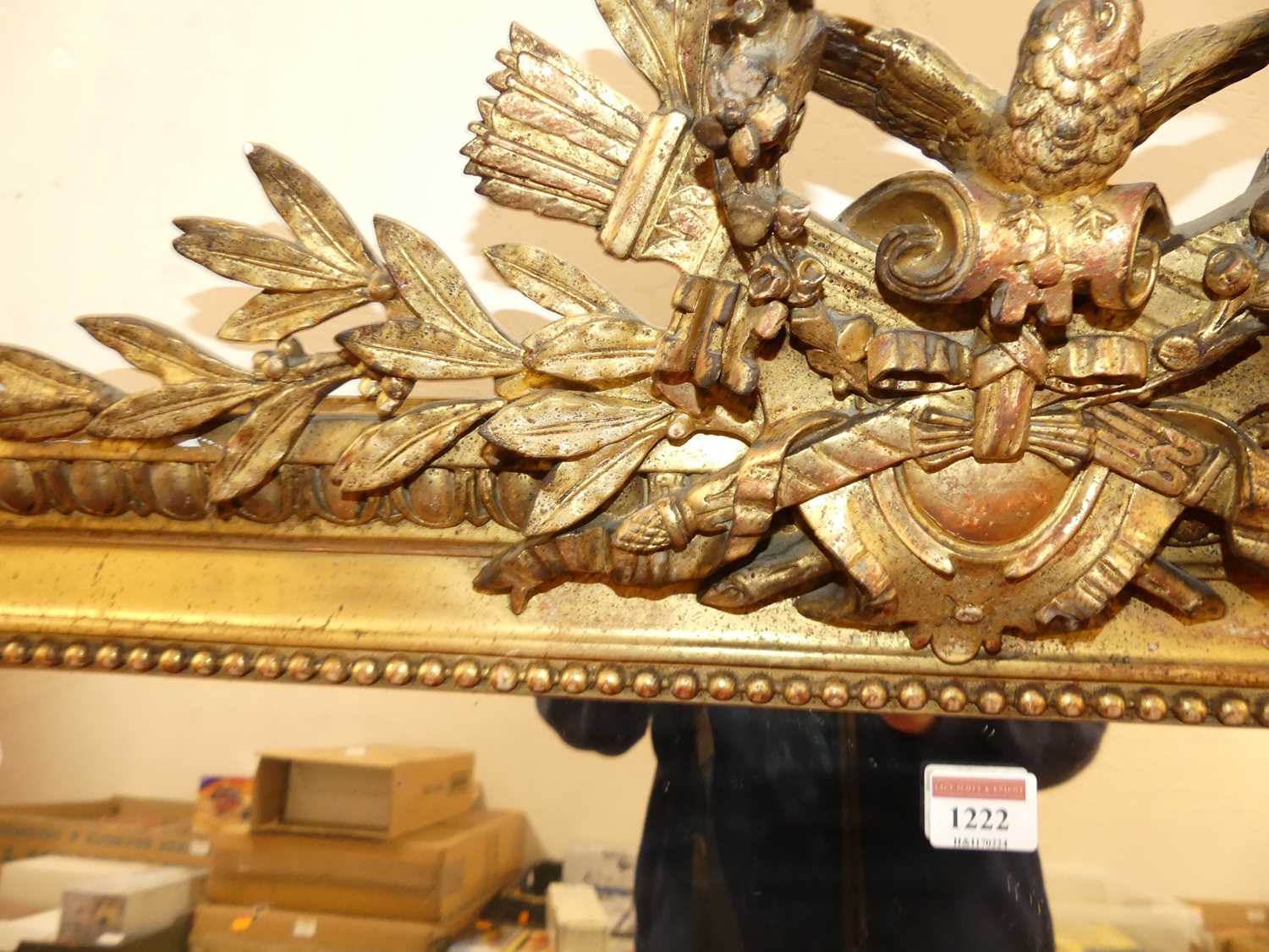 A 19th century French giltwood and gesso overmantel mirror, having proud corners, quiver of - Image 5 of 5