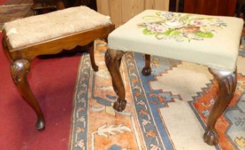 A 19th century walnut needlework topped dressing stool, raised on shell capped cabriole supports, in