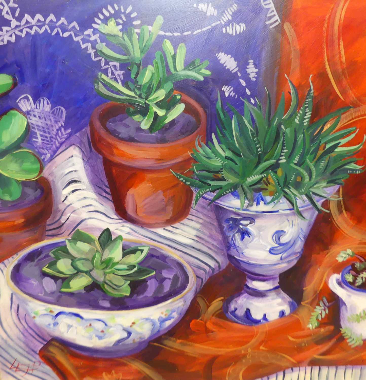 Contemporary school - still life with crocus plants in various bowls, acrylic, 55x55cm - Image 2 of 3