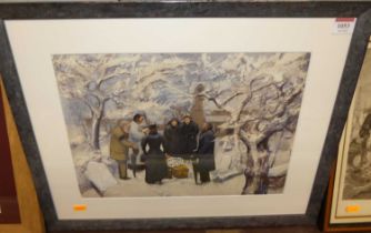 E. Alexander (Slade School) - Mourners in the snow, watercolour, 27 x 38.5cm
