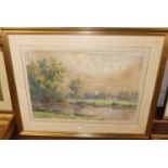 LH Coller? - pastoral river landscape with cattle grazing, watercolour, signed and dated lower