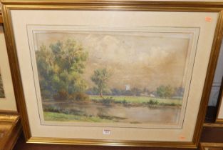 LH Coller? - pastoral river landscape with cattle grazing, watercolour, signed and dated lower