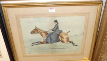 Early 20th century school - Study of a lady upon a galloping horse, watercolour, signed with