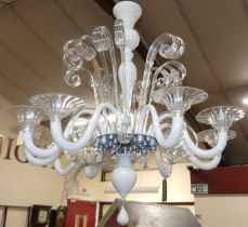 A large Murano white and clear glass electrolier having reeded scroll branch arms (appears two