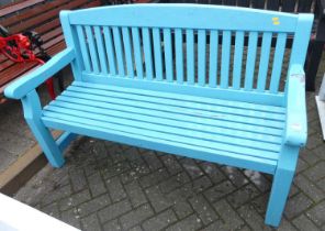 A teal painted slatted wood three-seater garden bench, width 153.5cm