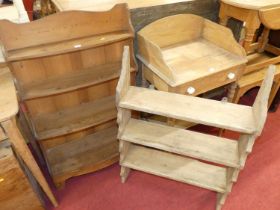 A rustic pine four-tier open waterfall bookshelf, w.67cm; together with a further pine three-tier