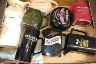 Three boxes of assorted whisky related advertising jugs to include Old Bushmills, Saltyre,