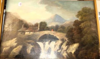 19th century English school, Figure on a stone bridge in a north country landscape, oil on canvas,