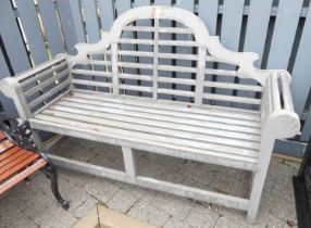 A contemporary grey painted slatted wood three-seater Lutyens garden bench, width 168cm