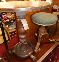 A hardwood circular fixed top pedestal tripod occasional table, dia. 54cm, together with a Victorian