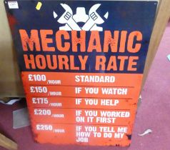 A contemporary laminate on metal wall sign 'mechanic hourly rate', 70 x 50cm