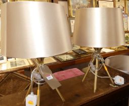 A pair of contemporary brushed gilt metal table lamps, with integral shades, overall h.45cm