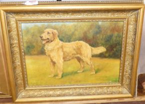 J Perring - Study of a Golden Retriever in a parkland setting, oil on canvas, signed lower right,