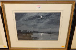 DW Griggs - Boats on the estuary at moonlight, watercolour, signed lower right, 25x35cm