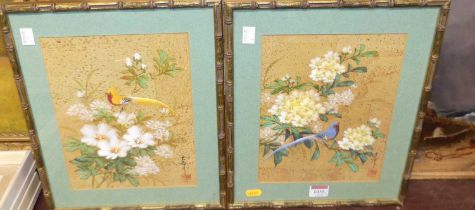 A pair of Chinese gouache studies, birds on flowering branches, each signed with studio seal, 20th