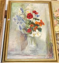 J Hepburn - still life with flowers in a pedestal vase, oil on millboard, signed lower right,