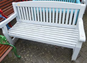 A sky-blue painted slatted wood three-seater garden bench, width 153.5cm