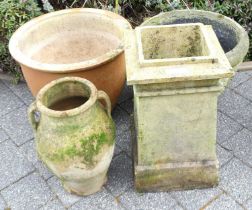 A painted terracotta square chimney top, together with a moulded concrete planter, a stoneware