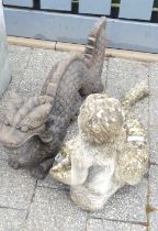 A moulded concrete mermaid water feature, together with a reconstituted Chinese dragon (2)