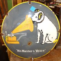 A convex enamel advertising sign 'His Master's Voice', dia.29cm