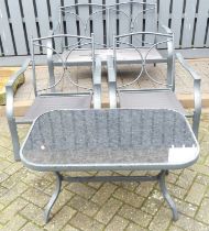 A contemporary anodised metal patio suite, comprising; a two-seater settee, pair of armchairs, and
