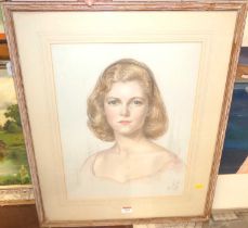 H Earl - bust portrait of a girl, pastel, signed and dated lower right 1958, 46x35cm