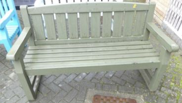 A forest green painted slatted wood three-seater garden bench, width 153.5cm