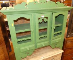 A rustic green painted hanging wall cupboard, width 90cm