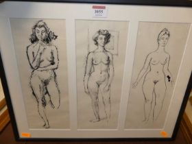 Contemporary school - a triptych of female nude ink studies, each 30x11.5cm and housed in single