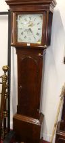 Circa 1800 provincial oak and mahogany crossbanded long case clock, the square painted dial signed