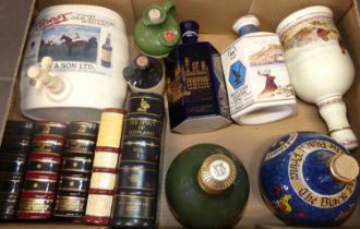 Three boxes to include miniature whisky related advertising flagons, larger flagons, and various