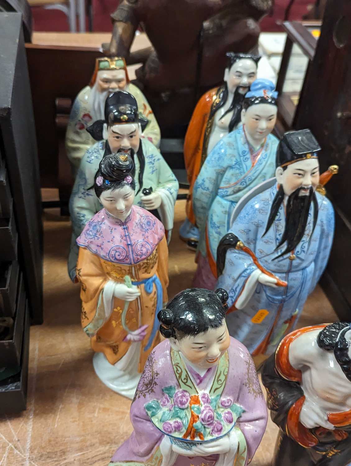 A set of 20th century Chinese pottery figures of the eight immortals, height 31cm All very grubby - Image 3 of 18