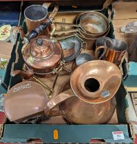 A collection of metalware, to include copper spirit kettle on brass stand with burner, copper
