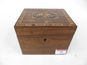 A 19th century rosewood and Tunbridge inlaid single compartment tea caddy, w.13cm