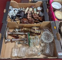 Two boxes of miscellaneous items, to include a pair of silver plated table candlesticks,