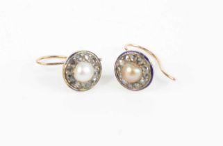 A pair of Victorian yellow metal, pearl and rose cut diamond earrings, each in a fine blue enamel