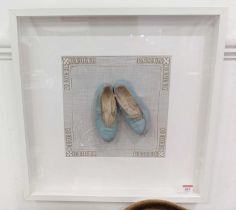 A pair of vintage Debenham and Freebody children's blue leather shoes, framed, frame measuring 53