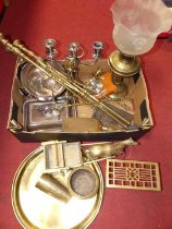 A collection of metalware, to include brass oil lamp, fire tools, and silver plated entree dish