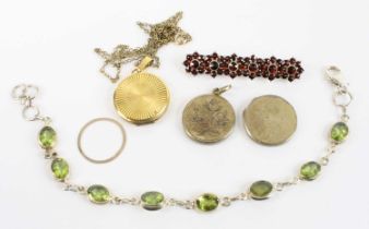 A silver gilt picture locket, gilt metal paste set brooch, white metal and green paste set