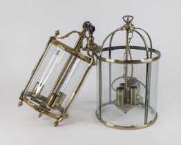 A glazed brass three-light hall lantern, of cylindrical shape, h.43cm; together with another